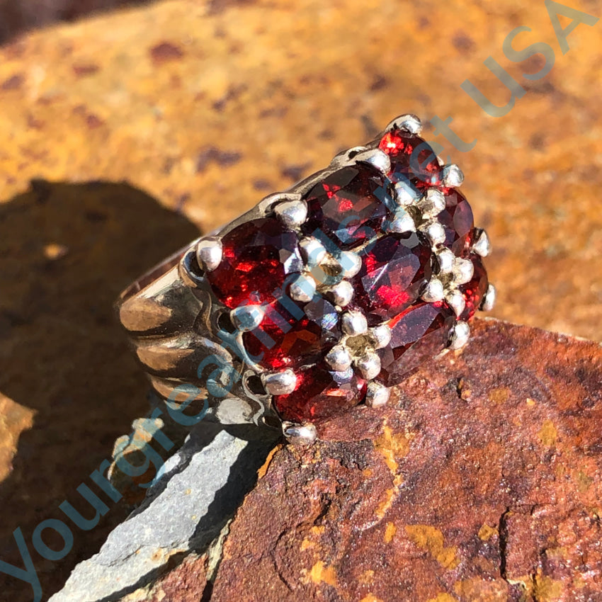 Sterling Silver &amp; Faceted Garnet Band Ring Size 7