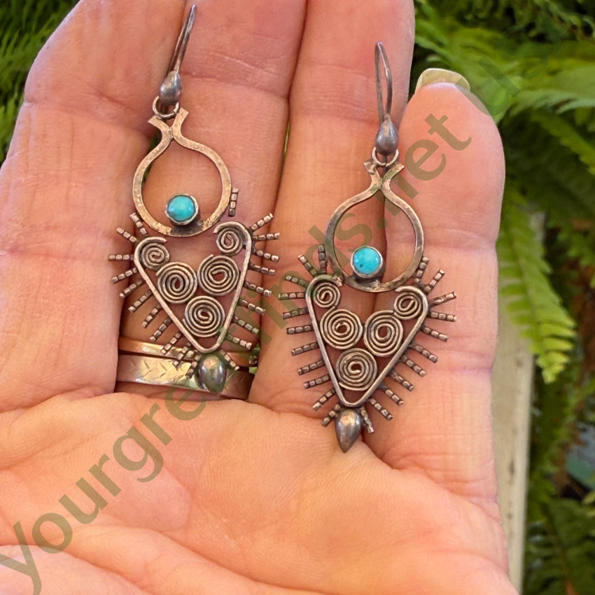 Sterling Silver Filigree & Turquoise Heart Pierced Earrings Earrings