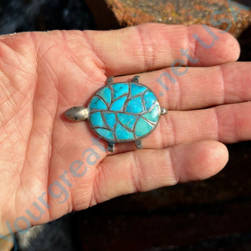 Sterling Silver & Fish Scale Turquoise Design Tortoise Turtle Pin Pin Brooch