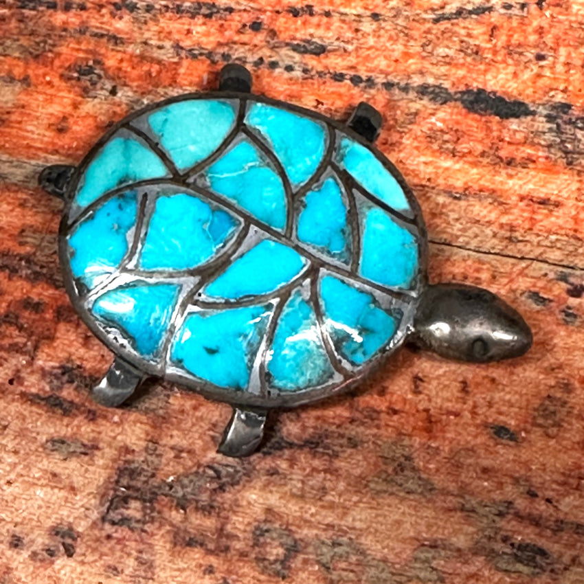 Sterling Silver & Fish Scale Turquoise Design Tortoise Turtle Pin Pin Brooch