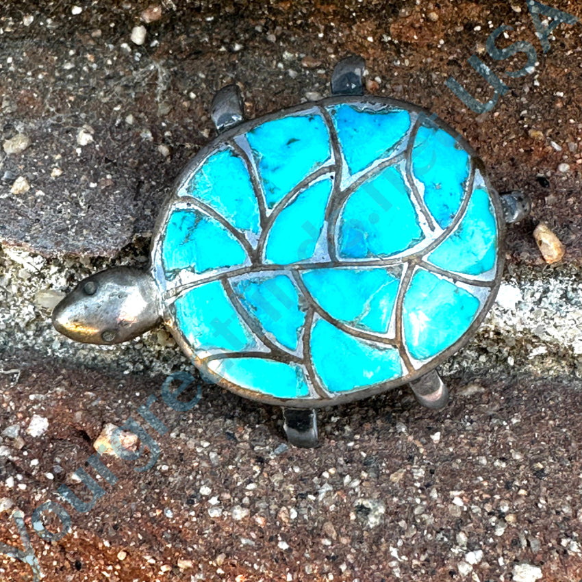 Sterling Silver & Fish Scale Turquoise Design Tortoise Turtle Pin Pin Brooch