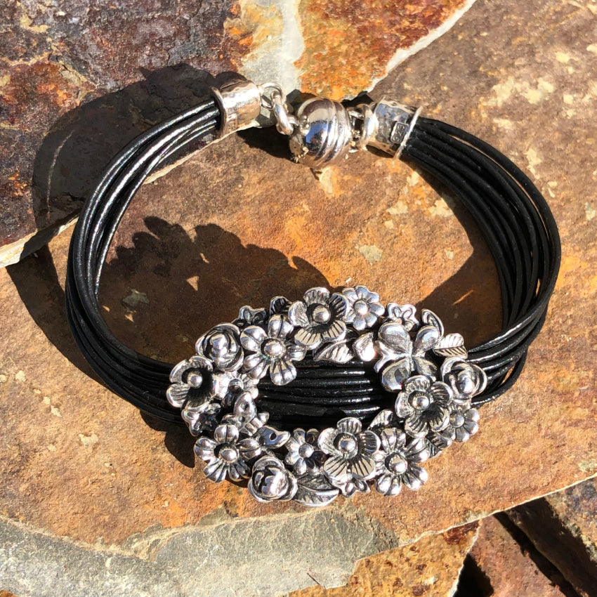 Sterling Silver Floral Buckle Bracelet On Black Leather Cording Bracelet