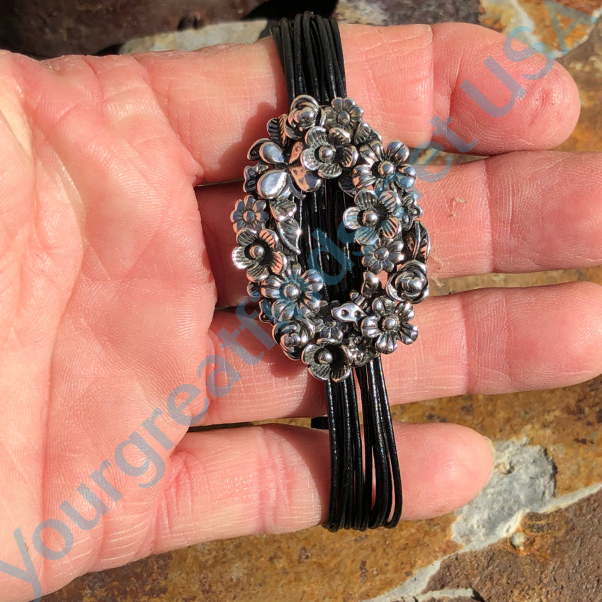 Sterling Silver Floral Buckle Bracelet On Black Leather Cording Bracelet