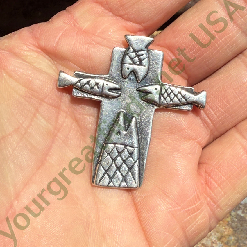 Sterling Silver Four Fishes Cross Pin Vintage ring