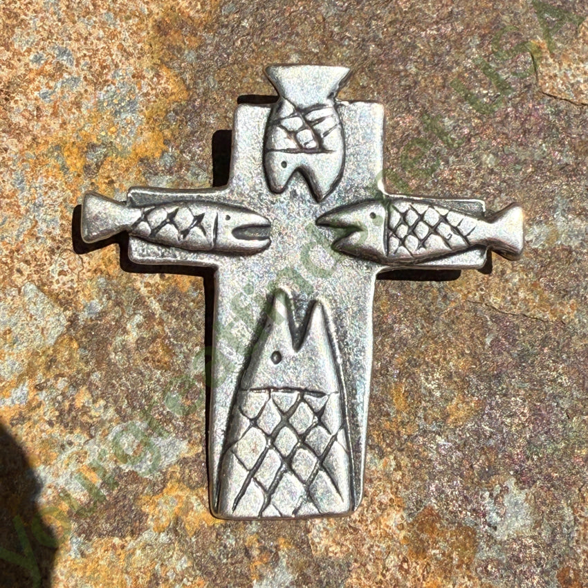 Sterling Silver Four Fishes Cross Pin Vintage ring