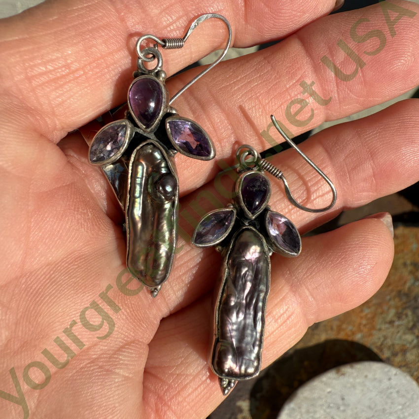 Sterling Silver Freshwater Black Pearl Gemstone Pierced Earrings earrings