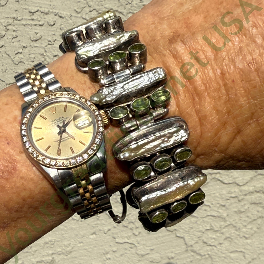 Sterling Silver Freshwater Pearl & Peridot Wide Panel Bracelet bracelet