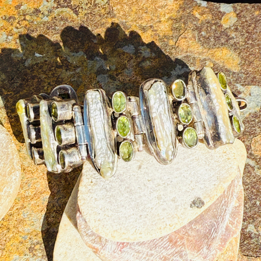 Sterling Silver Freshwater Pearl & Peridot Wide Panel Bracelet bracelet