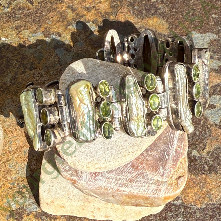 Sterling Silver Freshwater Pearl & Peridot Wide Panel Bracelet bracelet
