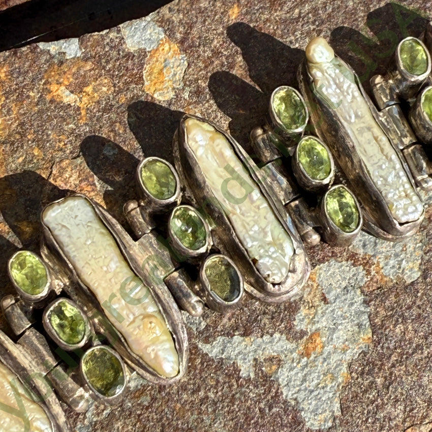 Sterling Silver Freshwater Pearl & Peridot Wide Panel Bracelet bracelet