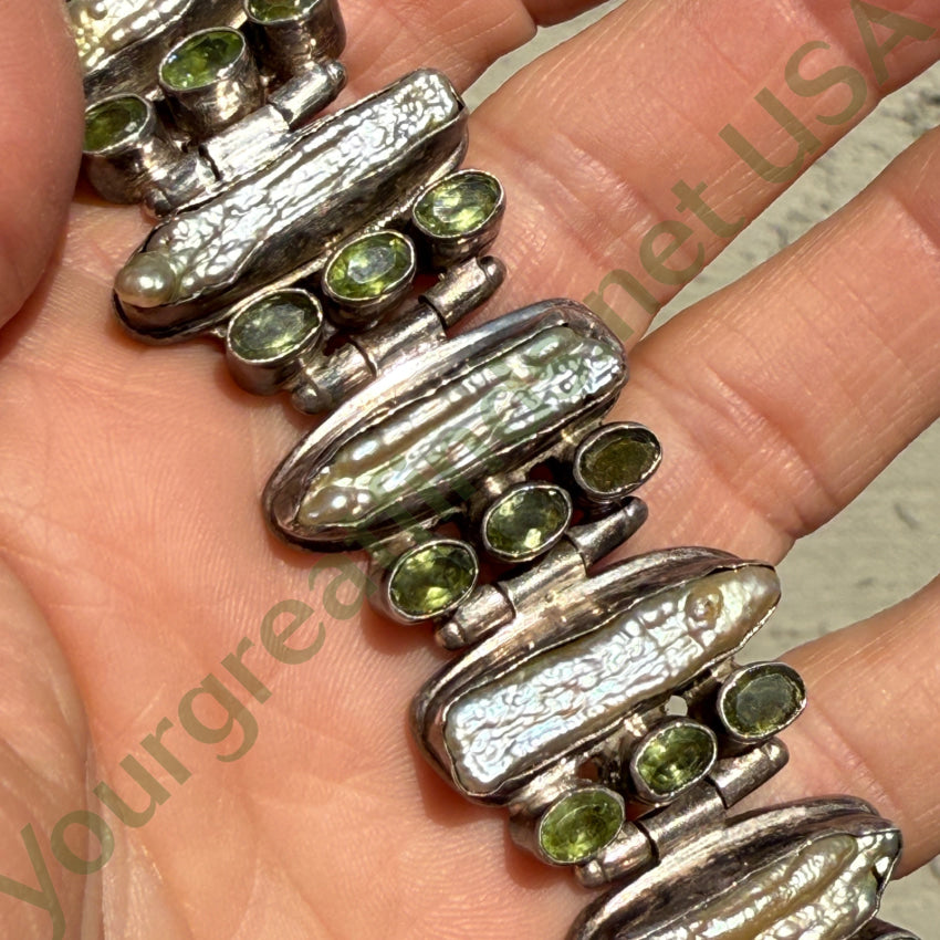 Sterling Silver Freshwater Pearl & Peridot Wide Panel Bracelet bracelet
