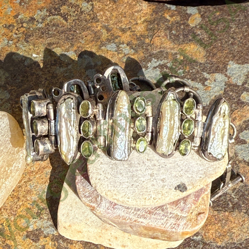 Sterling Silver Freshwater Pearl & Peridot Wide Panel Bracelet bracelet