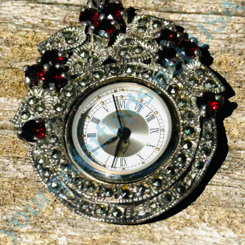 Sterling Silver Garnet & Marcasite Quartz Watch Pendant Watch Pendant