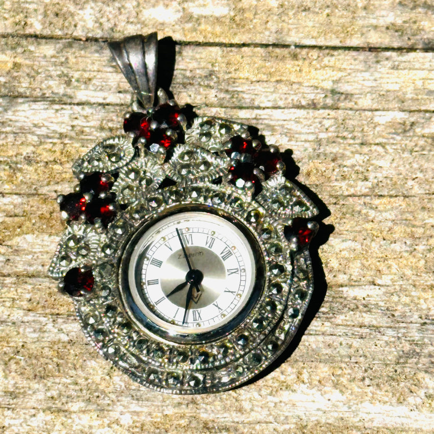 Sterling Silver Garnet & Marcasite Quartz Watch Pendant Watch Pendant