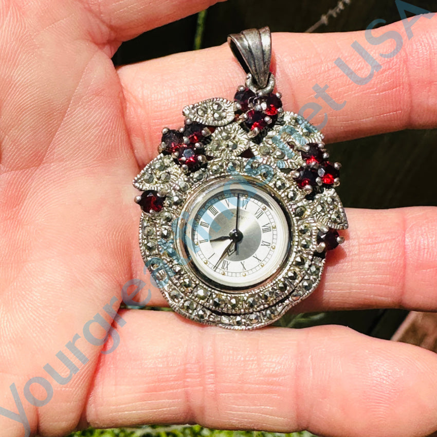 Sterling Silver Garnet & Marcasite Quartz Watch Pendant Watch Pendant