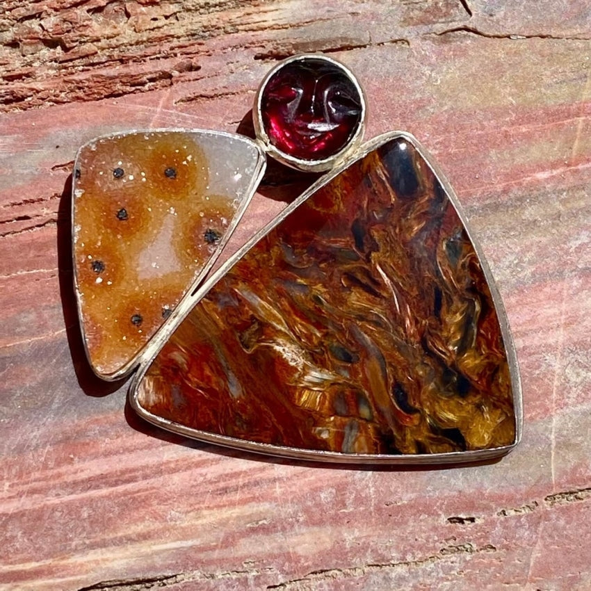 Sterling Silver Garnet Moonface Pendant Jasper Quartz Druzy Yourgreatfinds