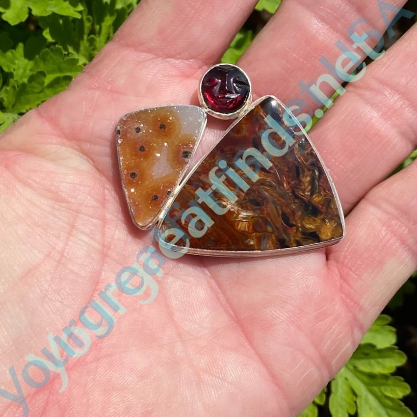 Sterling Silver Garnet Moonface Pendant Jasper Quartz Druzy Yourgreatfinds