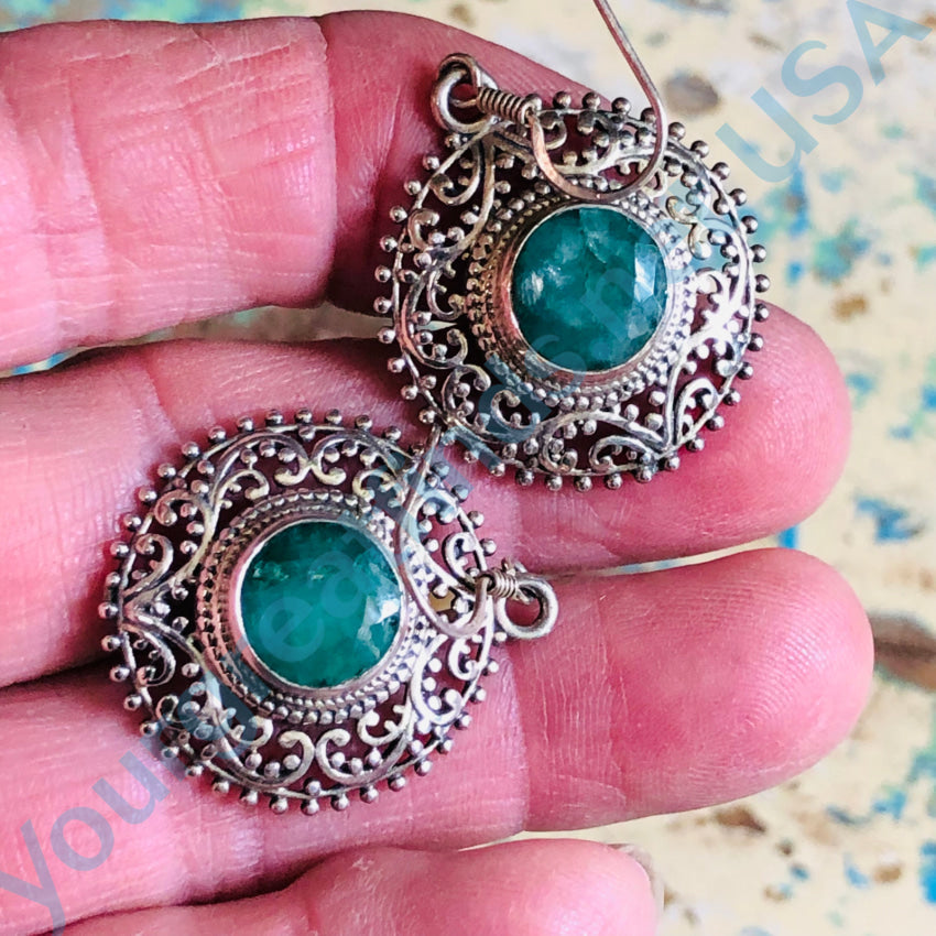 Sterling Silver & Green Emerald Pierced Earrings Earrings