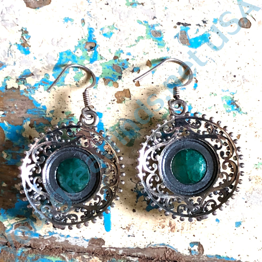 Sterling Silver & Green Emerald Pierced Earrings Earrings