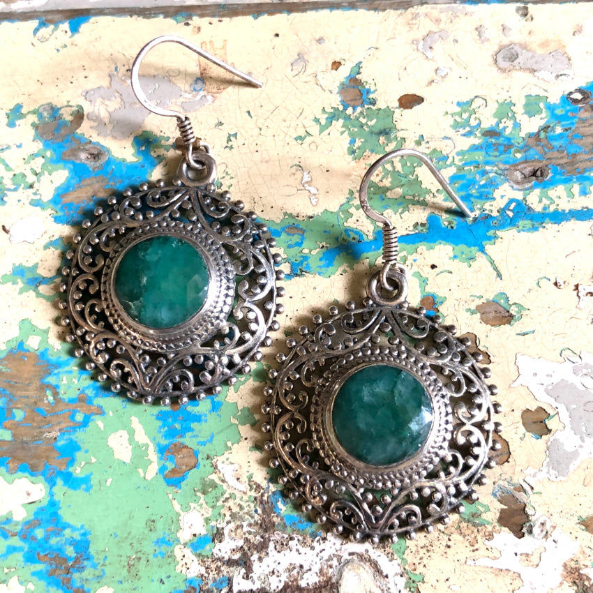 Sterling Silver & Green Emerald Pierced Earrings Earrings