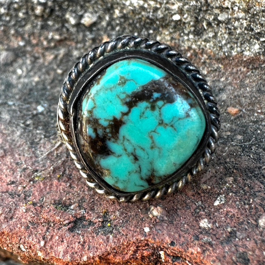 Sterling Silver & Green Turquoise Navajo Ring Size 6 3/4