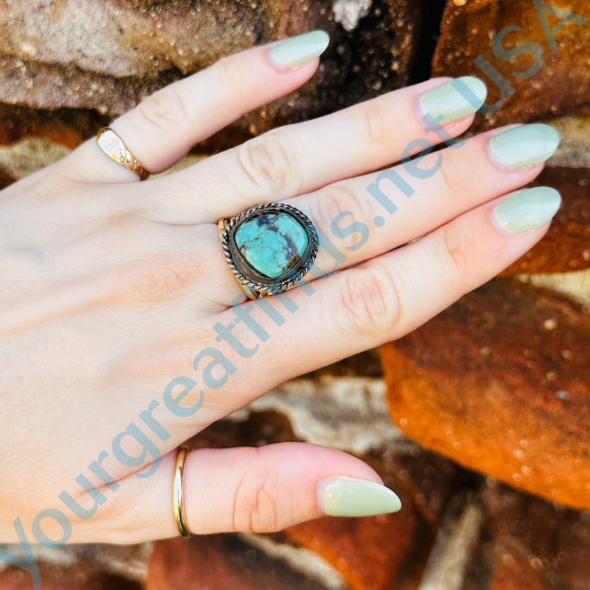 Sterling Silver & Green Turquoise Navajo Ring Size 6 3/4