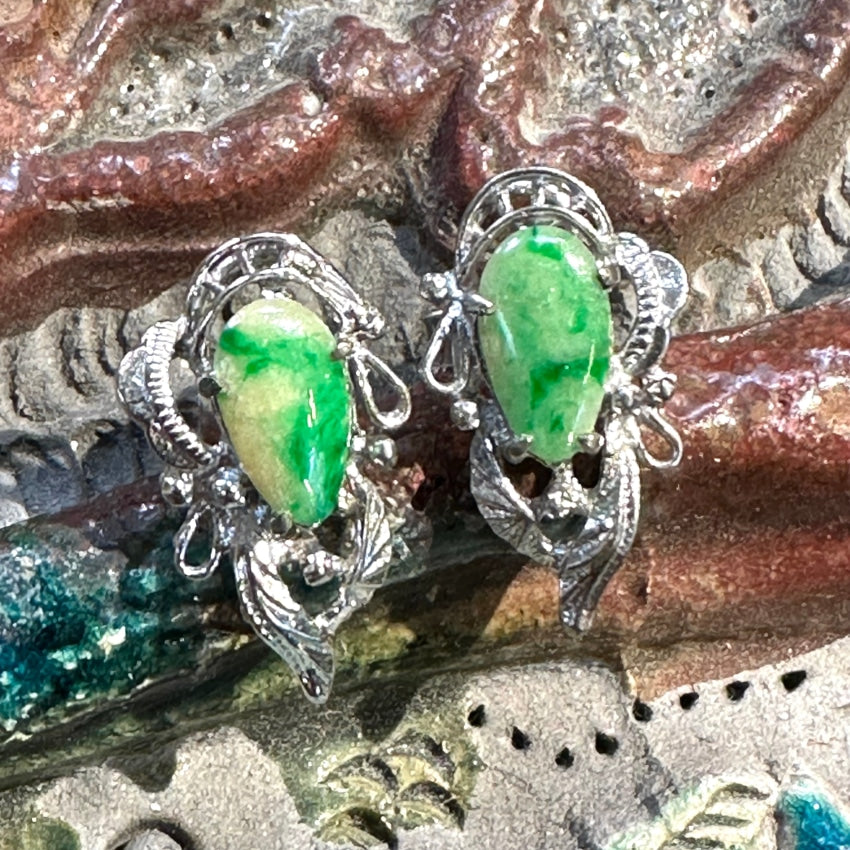 Sterling Silver Green & White Jade Pierced Post Earrings