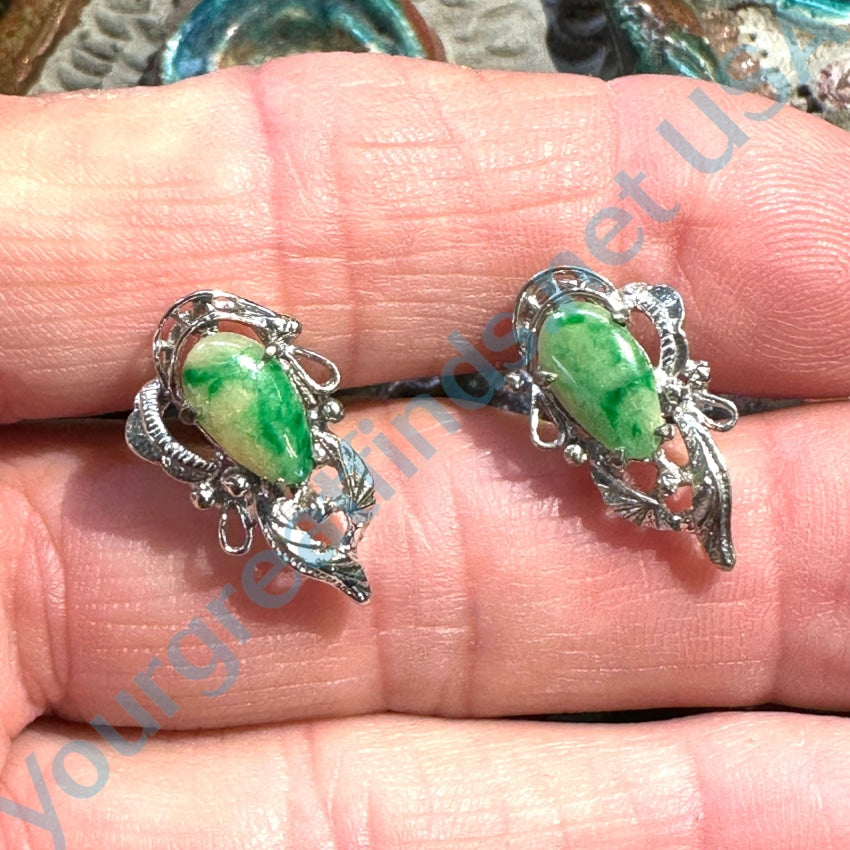 Sterling Silver Green & White Jade Pierced Post Earrings