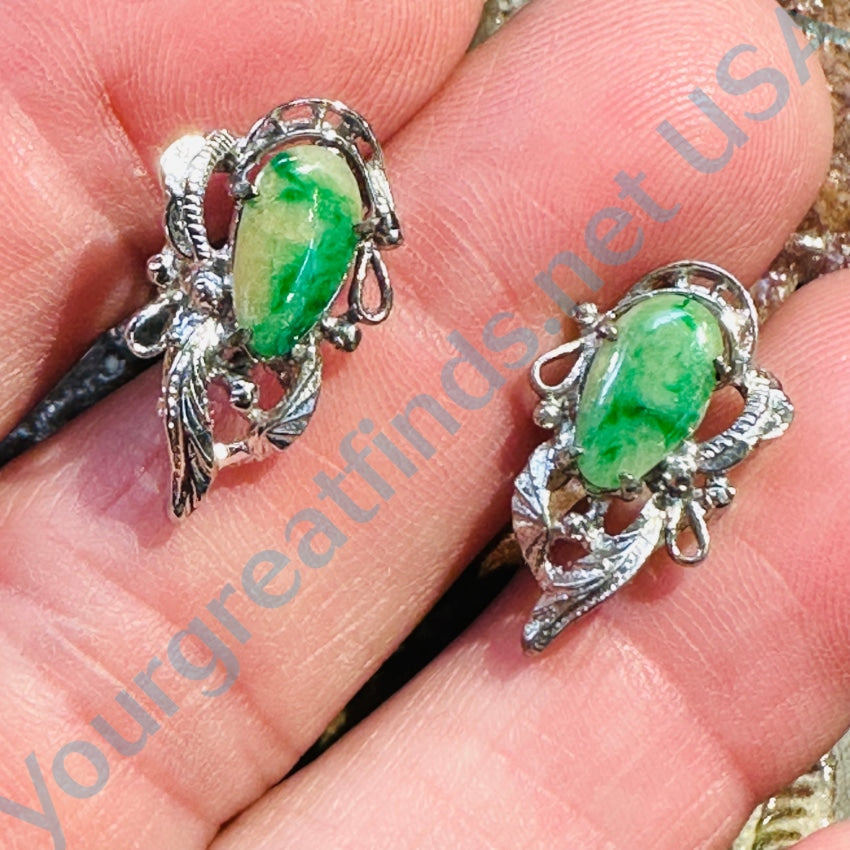 Sterling Silver Green & White Jade Pierced Post Earrings