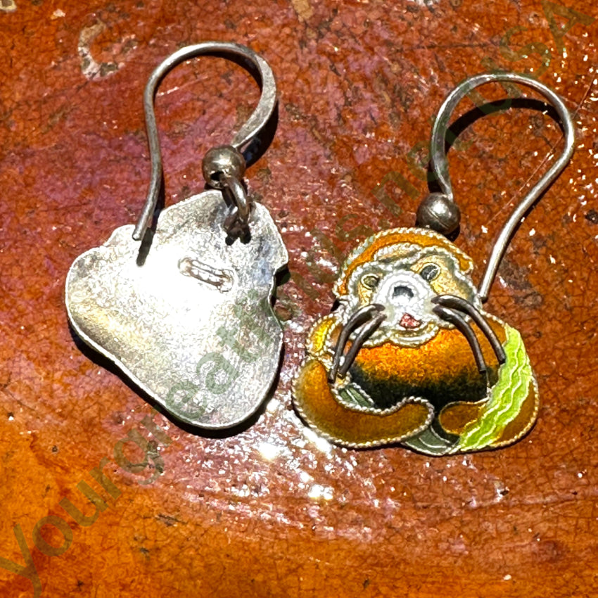 Sterling Silver Guilloche Enamel Sea Otter Pierced Earrings