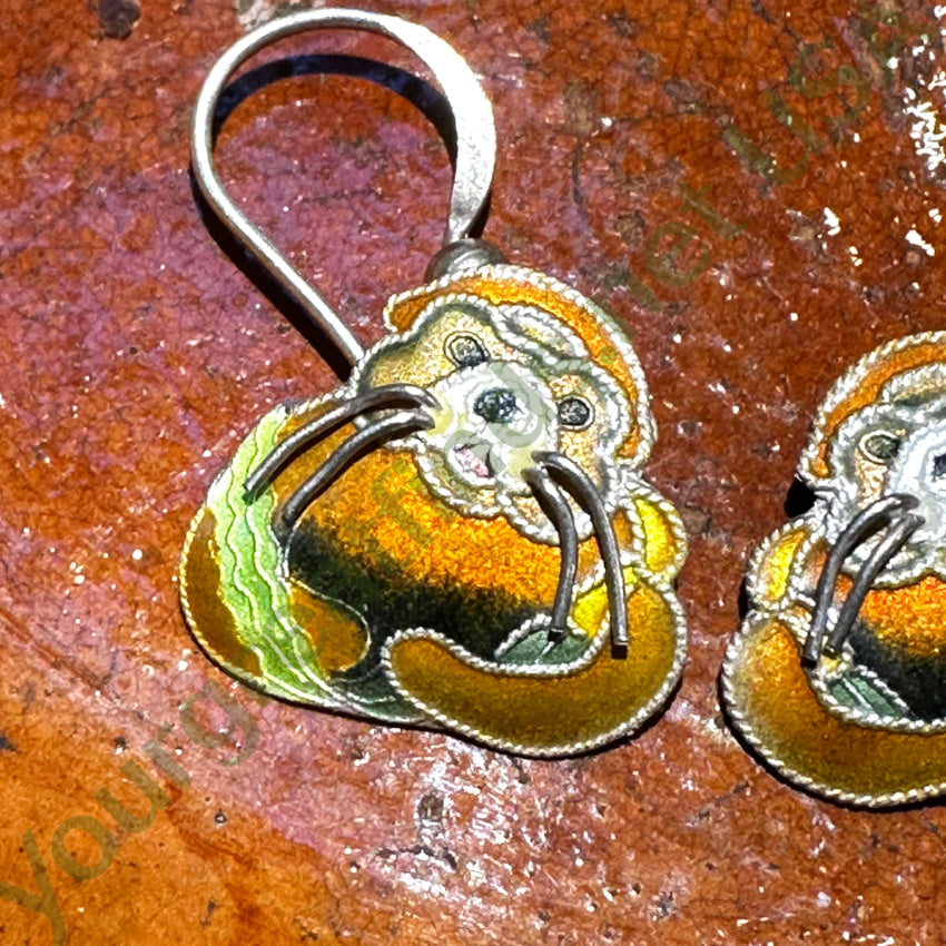 Sterling Silver Guilloche Enamel Sea Otter Pierced Earrings