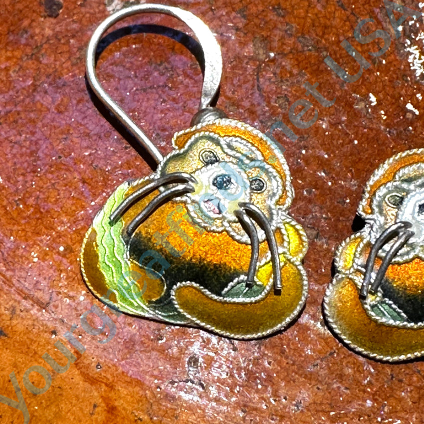 Sterling Silver Guilloche Enamel Sea Otter Pierced Earrings