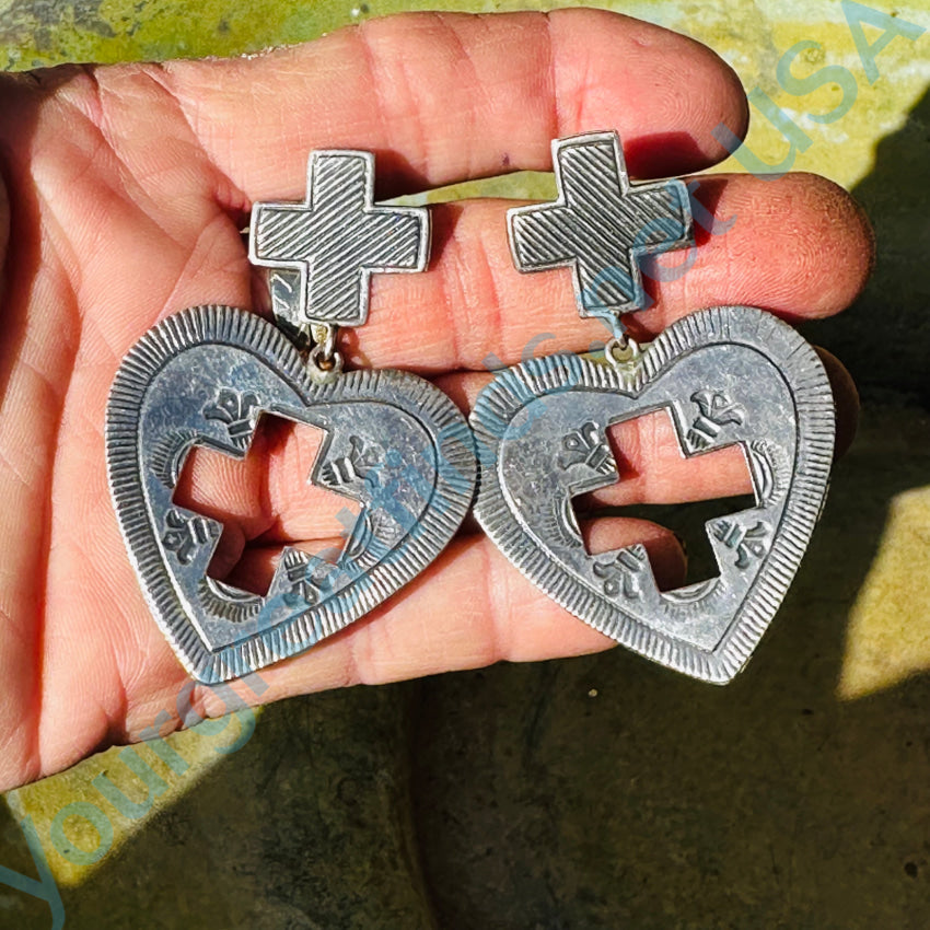 Sterling Silver Heart & Cross Large Pierced Post Earrings Earrings