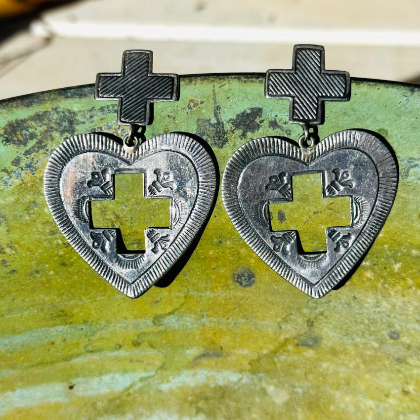 Sterling Silver Heart & Cross Large Pierced Post Earrings Earrings