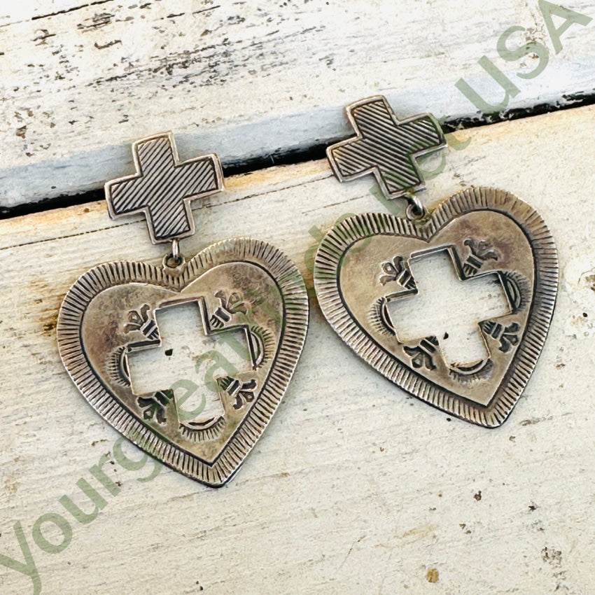 Sterling Silver Heart & Cross Large Pierced Post Earrings Earrings