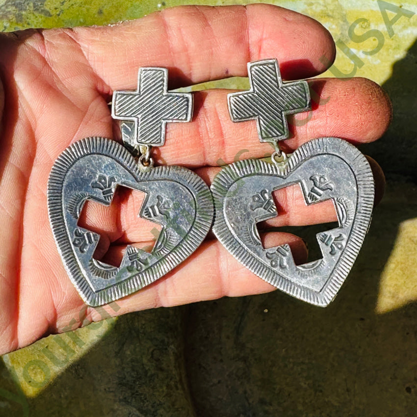 Sterling Silver Heart & Cross Large Pierced Post Earrings Earrings