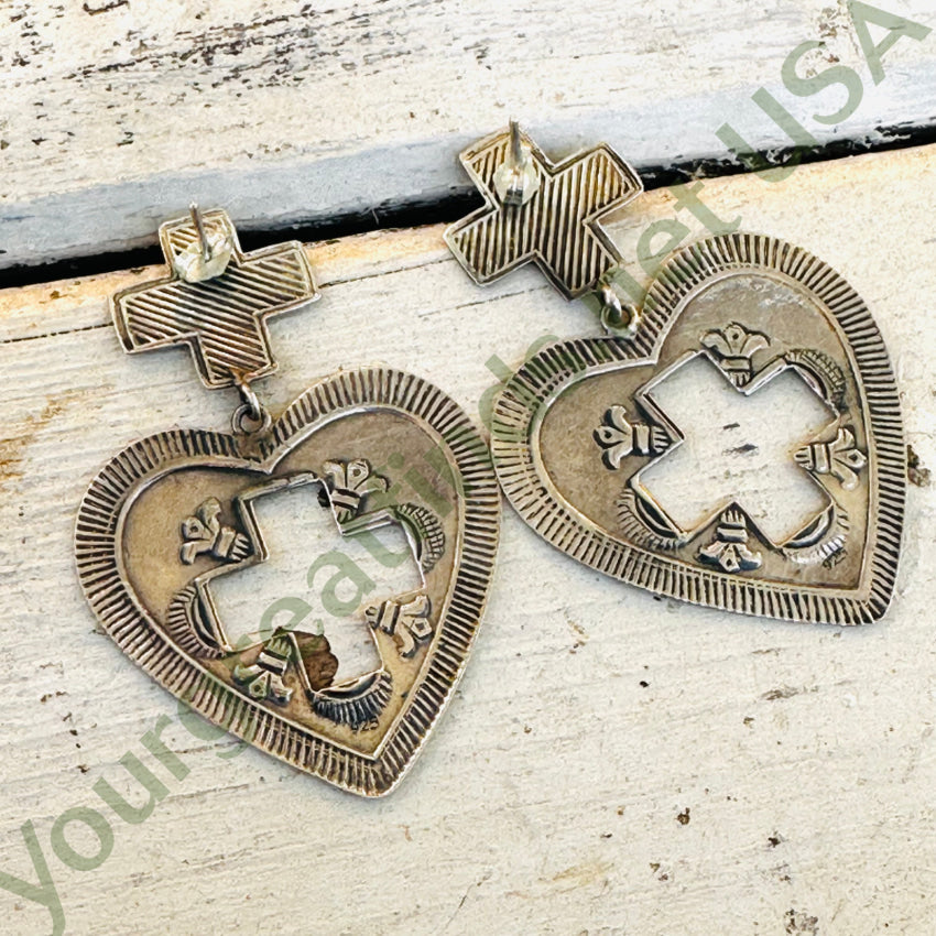 Sterling Silver Heart & Cross Large Pierced Post Earrings Earrings