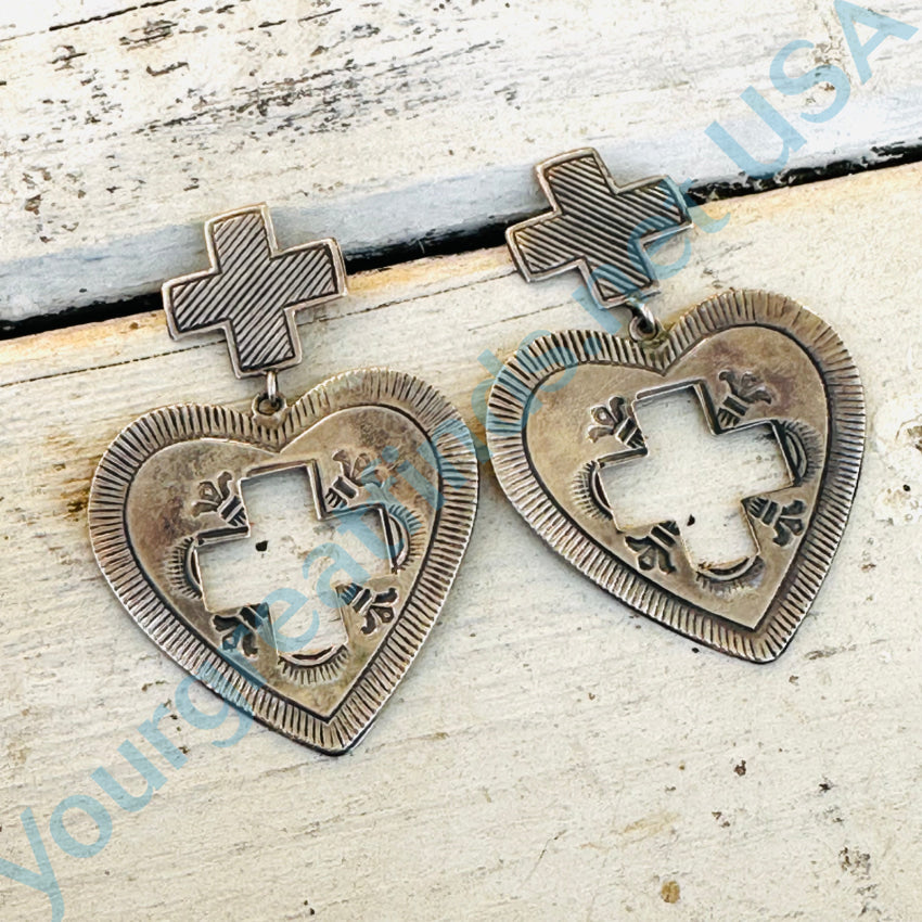 Sterling Silver Heart & Cross Large Pierced Post Earrings Earrings