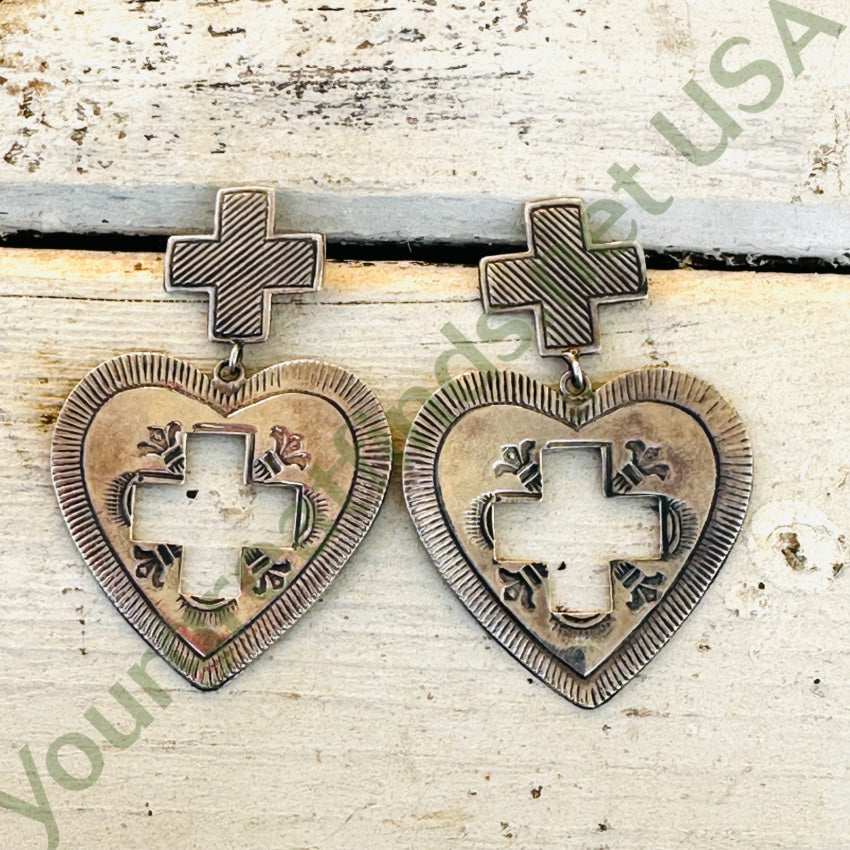 Sterling Silver Heart & Cross Large Pierced Post Earrings Earrings