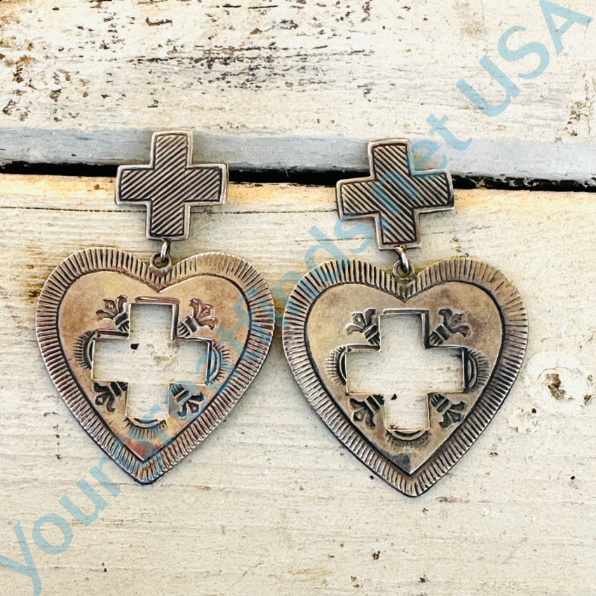 Sterling Silver Heart & Cross Large Pierced Post Earrings Earrings