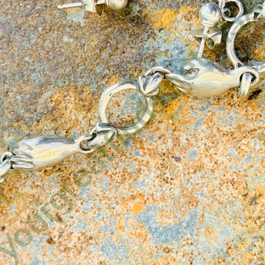 Sterling Silver Helping Hands Necklace & Earrings Set Lion Head Clasp jewelry set