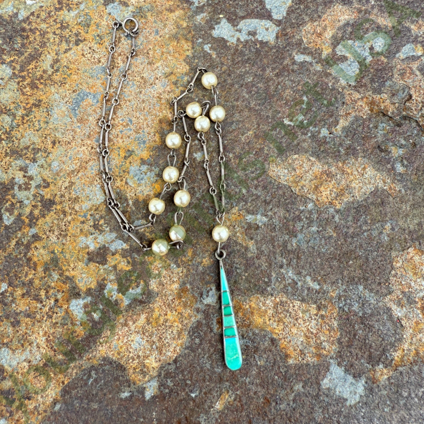 Sterling Silver Inlay Turquoise & Faux Pearl Necklace necklace