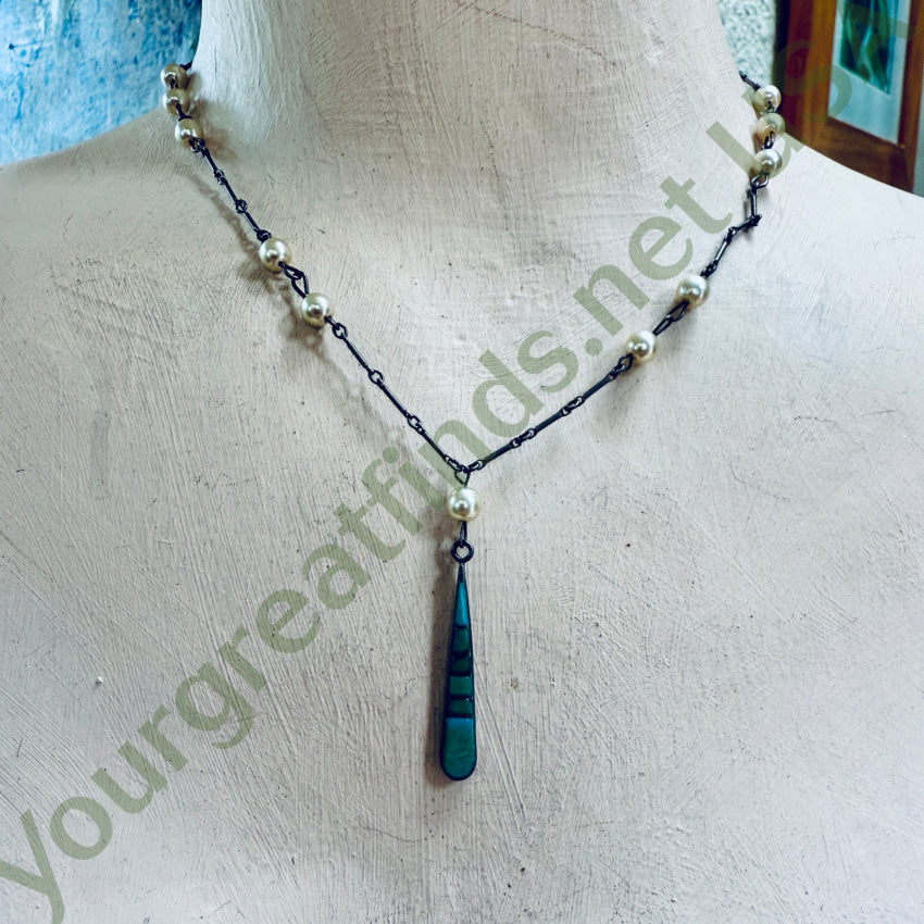 Sterling Silver Inlay Turquoise & Faux Pearl Necklace necklace