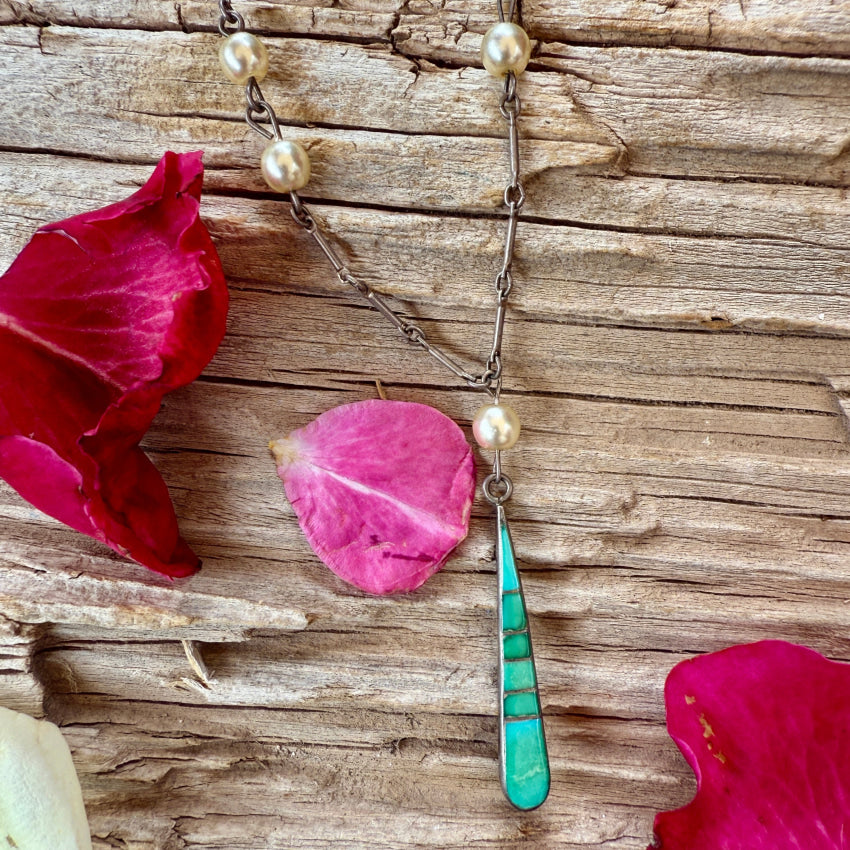 Sterling Silver Inlay Turquoise & Faux Pearl Necklace necklace