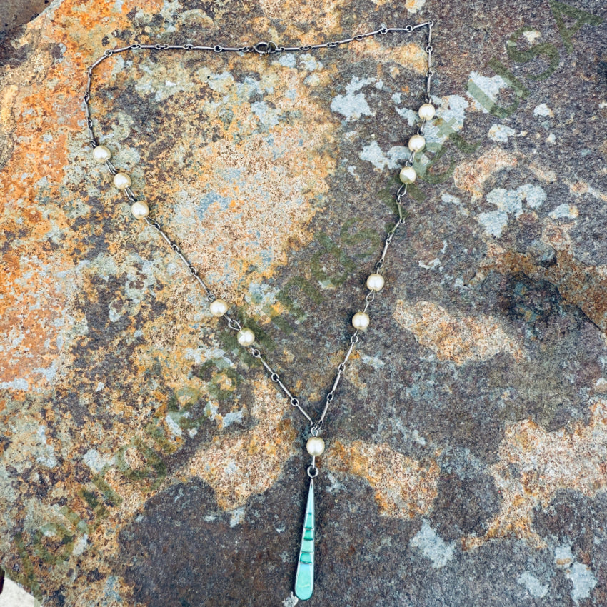 Sterling Silver Inlay Turquoise & Faux Pearl Necklace necklace