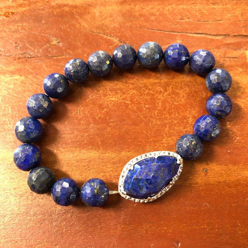 Sterling Silver Lapis Lazuli & Cubic Zirconia Elastic Beaded Bracelet Bracelet