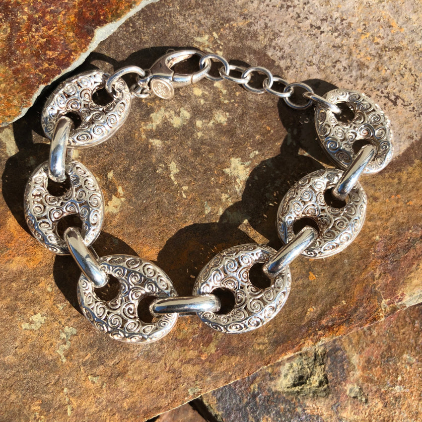 Sterling Silver Large Link Bracelet Spiral Texture Bracelets