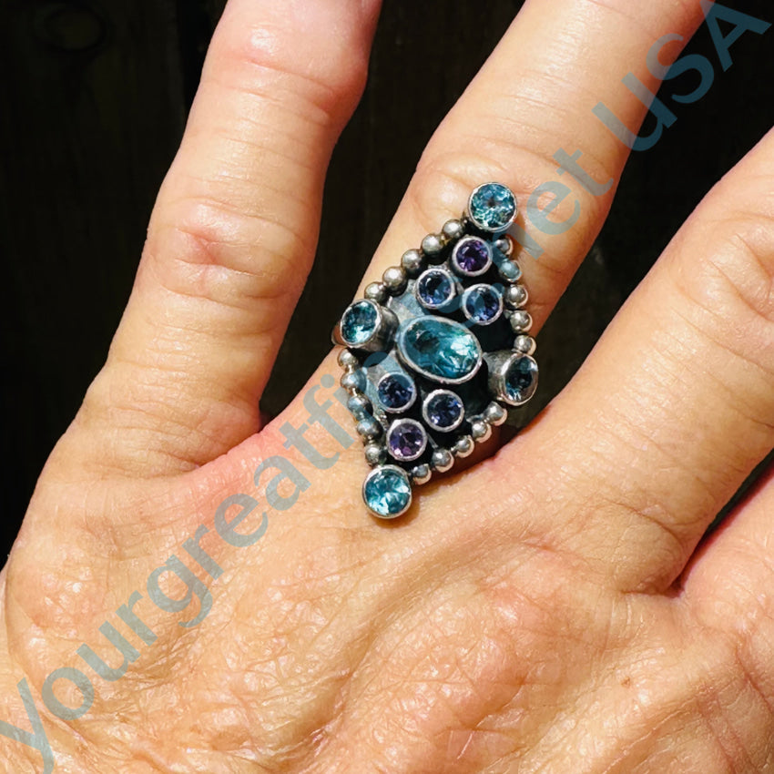 Sterling Silver Long Cluster Ring Amethyst Blue Topaz Size 8 Ring