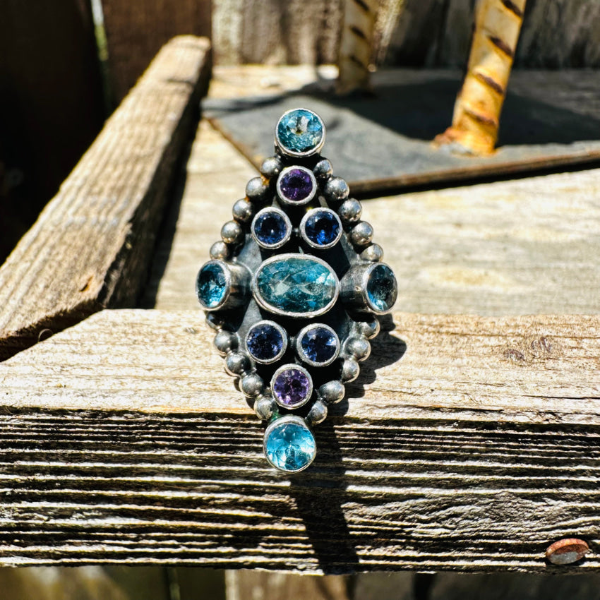 Sterling Silver Long Cluster Ring Amethyst Blue Topaz Size 8 Ring