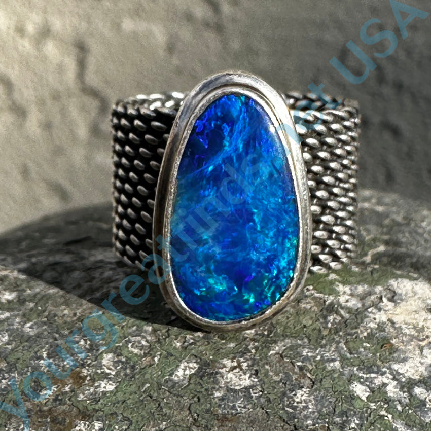 Sterling Silver Mesh Ring Bright Electric Blue Australian Opal Size 6 Ring